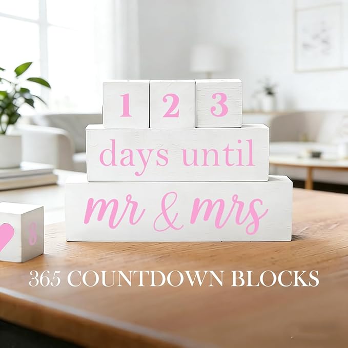 6 Pcs Wooden Engagement Gifts for Couples Wood Engagement Party Decorations Block Wedding Day Countdown Calendar Fiance Gifts for Women Future Mr Mrs Newly Engaged Couples, White