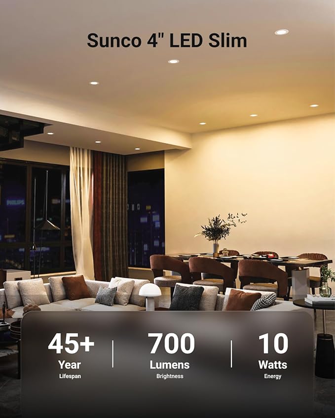 Sunco 12 Pack 4 Inch LED Recessed Lights, Slim Canless Ceiling Lighting, 700 LM, 10W (60W Equivalent), 6000K Daylight Deluxe, Dimmable, Wafer Thin, Ultra Thin with Junction Box ETL