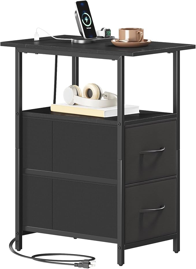 Somdot End Table with Charging Station,Narrow Side Table with 2 Fabric Drawers,Skinny Nightstand with Storage,Small Slim Bedside Table for Living Room,Sofa,Bedroom,Couch,Black