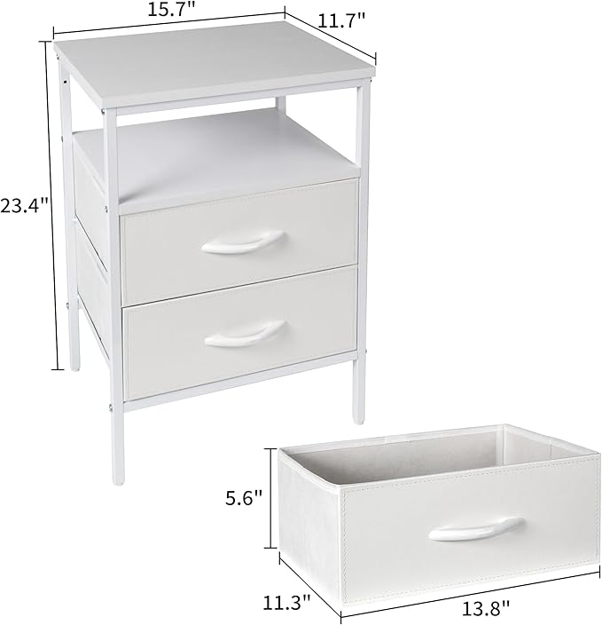 White Nightstand with 2 Fabric Drawers, Modern Bedside Table with Storage & Open Wood Shelf, Stylish End Table for Bedroom