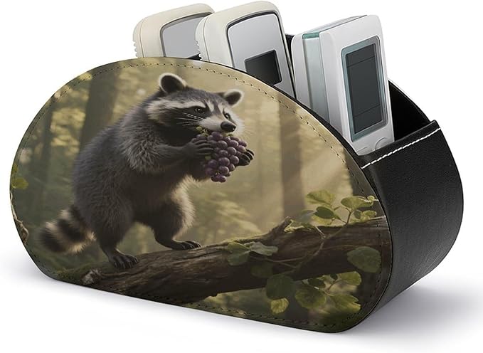 Raccoon Remote Control Holder Organizer Box with 5 Compartment PU Leather Bedside Storage Caddy Remote Organizer for Controller Media Player Pen/Pencil Storage