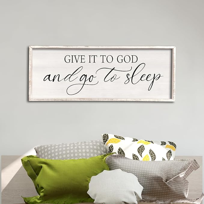 comurdyo Christ Religious Wall Decor Give It To God And Go To Sleep Sign 32"×12" for Christian Prayer Holy Modern Rustic Simple Master Bedroom Above Over Bed Wall Decor Plaque Hanging (White)