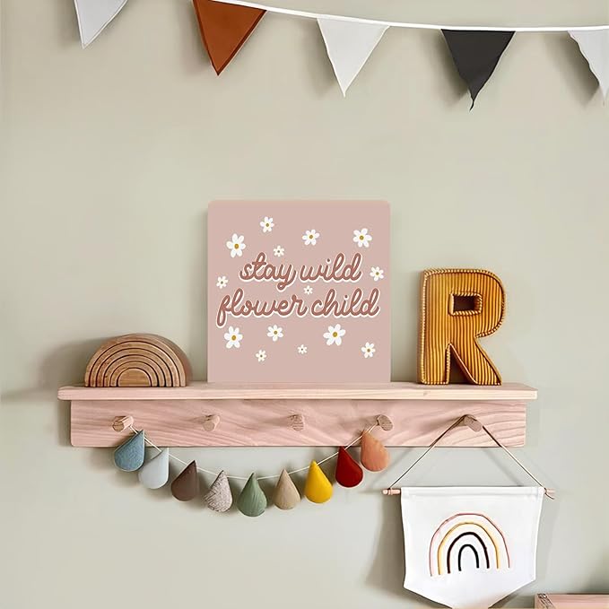 Lacama Pink Boho Girl Nursery Wooden Box Sign, Stay Wild Flower Child Decorations Wood Block Signs, Retro Boho Nursery Wood Sign for Girls Room Bedroom Desk Shelf Wall Decor 5x5 Inches