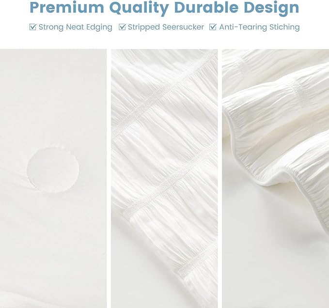 Cozy Bliss Vertical Striped Seersucker Cooling Comforter Queen Size, Lightweight Airflow Silky Cooling Bedding with Q-Max>0.45 for Bedroom, Home Decor, Hot Sleepers & Night Sweats, White 90"x90"