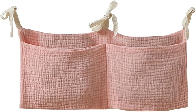 Bedside hanging bag for storing baby milk bottles and blankets - Baby diaper folding bed organizer bag - White teddy bear