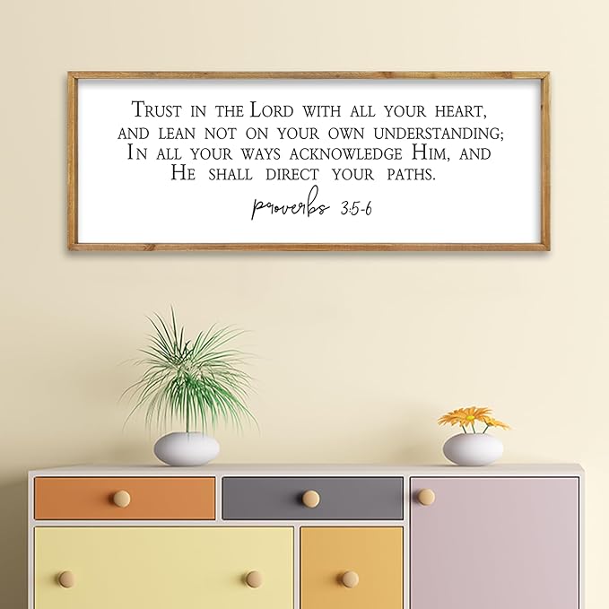 comurdyo Bible Verse Trust in the Lord With All Thine Heart Wall Decor 32"×12" Proverbs 3:5-6 Sign Scripture Christian Prayer Large for Family Modern Rustic Bedroom Wood Framed Plaque Hanging (Wood)