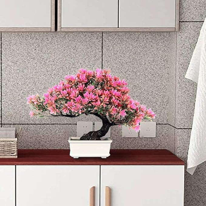 Artificial Bonsai Tree Fake Plants for Home Decor, Living Room Bathroom Bookshelf Entryway Table Wall Shelf Modern Farmhouse Decor, 9.5" Tall, Pink