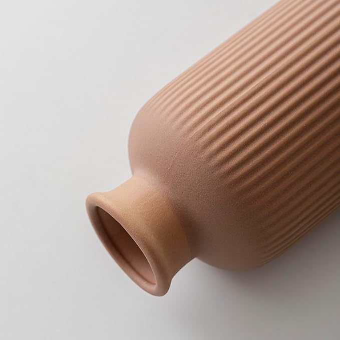 Coffee Ribbed Ceramic Vase for Flowers, Large Modern Textured Decorative Vase, 10 Inch Tall, Farmhouse Style Home Decor (Coffee)