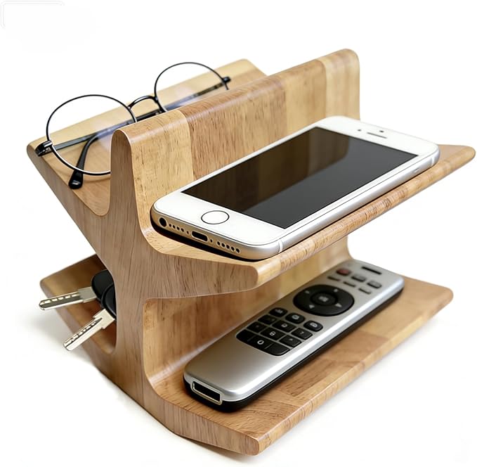 Wooden Remote Control Holder for Coffee Table & Bedside, Decorative Remote Control Holder for Eyeglass Stand, Multi-Functional Remote Caddy Organizer for Reading Glasses Storage