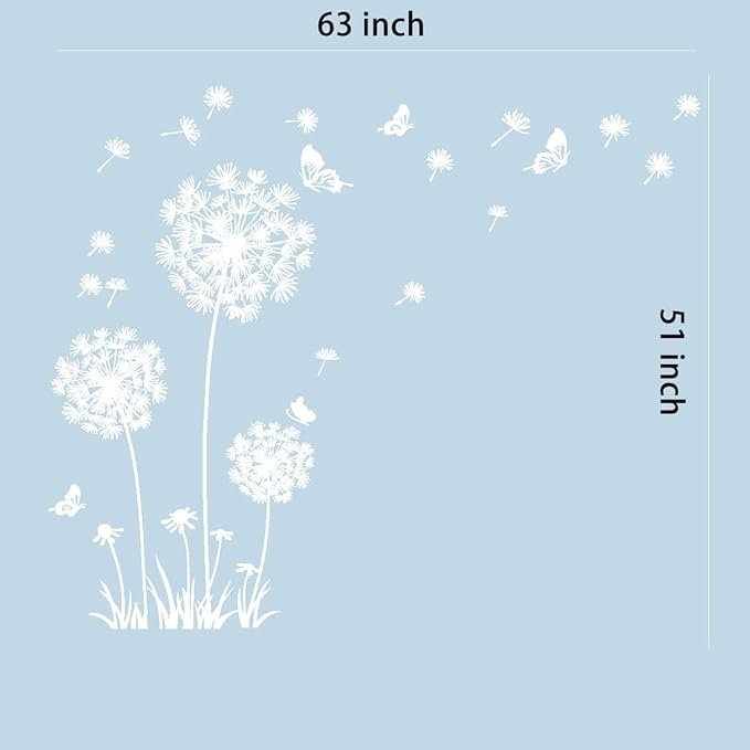 Runtoo White Dandelion Art Stickers - Large Flower Butterfly Wall Decals for Bedroom and Living Room Decor
