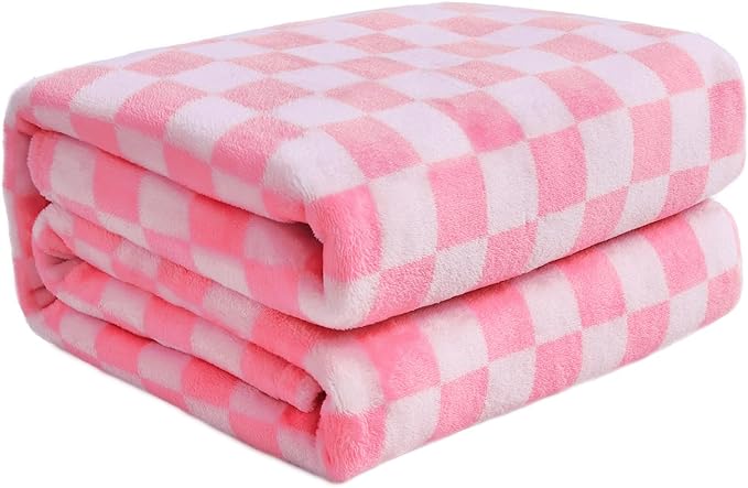 FY FIBER HOUSE Baby Pink Throw Blanket for Couch Checkered Blanket Gingham Pattern Blankets Funky Home Decor, 50"x60"