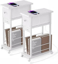 White Side Table Set of 2,Side Table with Charging Station and Drawer, Narrow End Table with USB Ports and Outlets for Small Space, Living Room, Bedroom and Office, with 4 Wheels