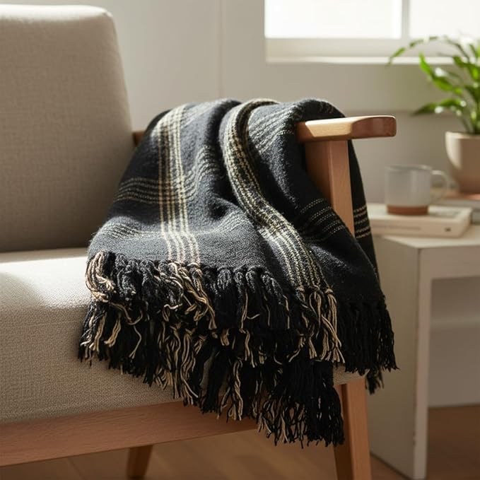 Plaid Black & Tan Fringed Woven Cotton Blend Throw