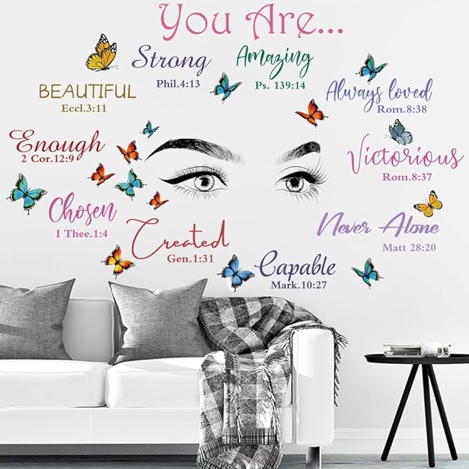 Datesno Beautiful Eyelash Eyes Wall Decor Vinyl Art Inspirational Quotes You Are Beautiful Stickers Butterfly Decals Bedroom Decoration for Living Room Home Decor, Chroma