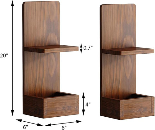 2-Tier Walnut Floating Wall Shelf, 20x8x6 Wall-Mounted Wooden Beside Shelf/Nightstand for Home Décor, Plants, Cosmetics, Bathroom, Kitchen, Bedroom Storage (Walnut with Box)