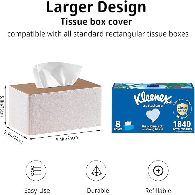 PUSU Plus Rectangular PU Leather Tissue Box Cover with Buckle Bottom - Modern Facial Tissue Dispenser Holder for Bathroom Vanity, Bedside Table, Bedroom, Office & Home Decor