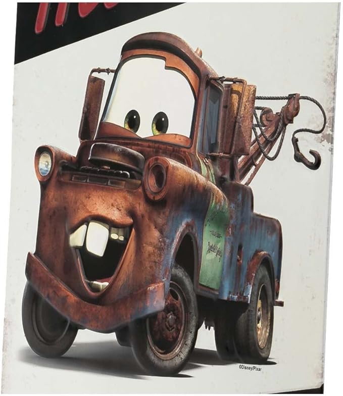 Disney Pixar Cars Tow Mater Mechanic On Duty Embossed Metal Sign - Vintage Tow Mater Sign for Bedroom or Garage