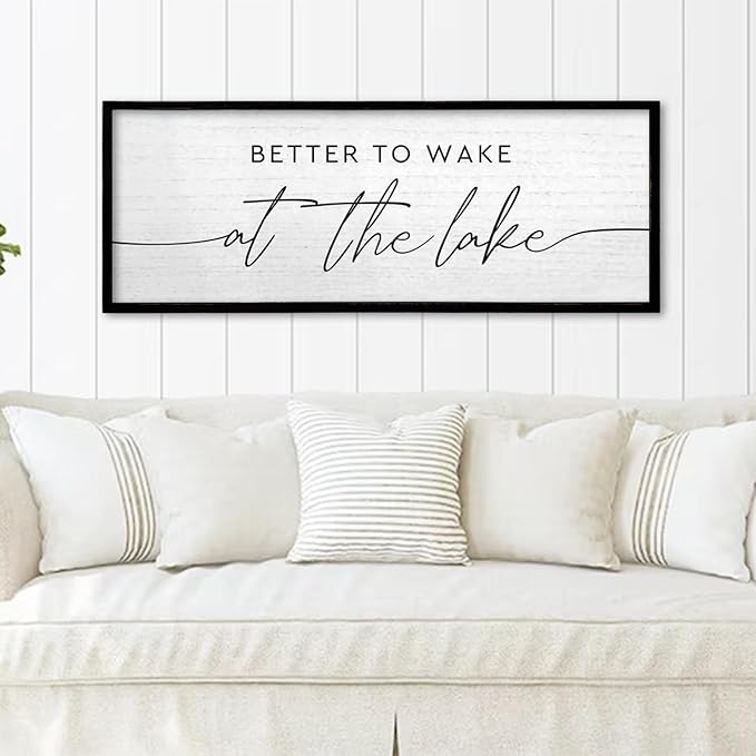 TQianJiang Lake House Decor Better To Wake At The Lake Sign 32"×12" for Bedroom Above Over Bed Large Country Home Cabin Farmhouse Rustic Quote Wood Framed Wall Hanging Art (Black)