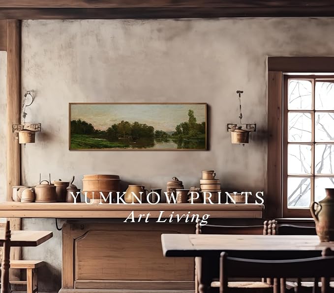 Rolled Canvas Vintage Farmhouse Bedroom Wall Decor Above Bed - Horizontal Wall Art Entryway - 16x48 - Panoramic Landscape Picture Sign - Canvas Muted Moody Pond Boat Cottagecore Fishing Print Poster