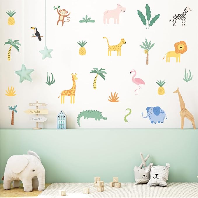 Animals Wall Decals - 4 Sheeets 26 Pcs Cute Jungle Theme Wall Decor Peel and Stick Elephant Giraffe Lion Safari Wall Stickers for Kids Nursery Playroom Bedroom Living Room Décor
