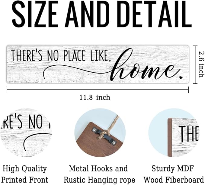 AGMDESIGN There's No Place Like. Home. Wooden Sign, Rustic Wall Decor for Shelf Desk Front Door, Farmhouse Bedroom Kitchen Bathroom Living Room Hanging Wooden Plaque, New Home Gifts for Friend Coworker