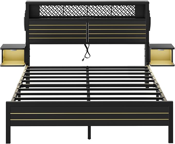 Bestier Queen Bed Frame with Horizontal Golden Stripe Storage Headboard&LED Nightstands, Metal Platform Bed with Charging Station, Heavy Duty Metal Slats, No Box Spring Needed, Noise Free(Matte Black)
