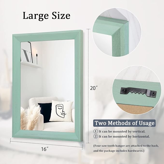 AAZZKANG Wood Framed Mirror Rectangle Modern Farmhouse Wall Mirrors Decor Large 20"x16" for Bedroom Living Room Bathroom Dressing Room Green