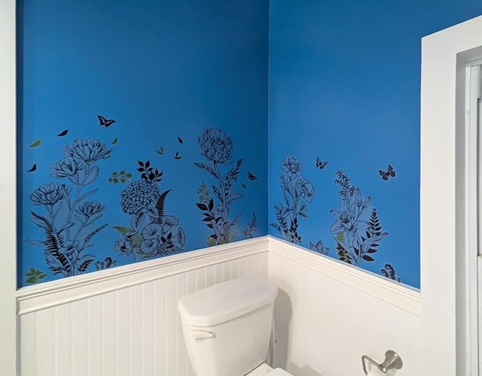 Black Yellow Flower Wall Decals, 3 Sheets Sketch Garden Floral Wall Stickers Simple Line Wildflower Grass Butterflies Art Decor Bedroom Bathroom Hallway Sofa Gifts for Mom(11.8x35.4 in/Sheet)