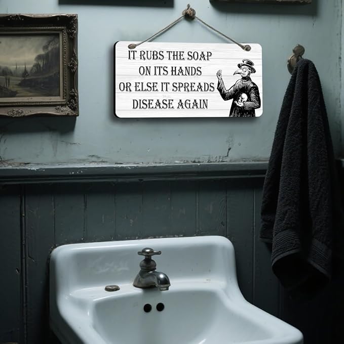 Gothic Bathroom Decor, Funny Bathroom Signs - Bathroom Wall Art for Goth Room Plague Doctor Decor, Dark Academia Decorations - Plague Doctor Wash Your Hands Sign 6x12 Inch