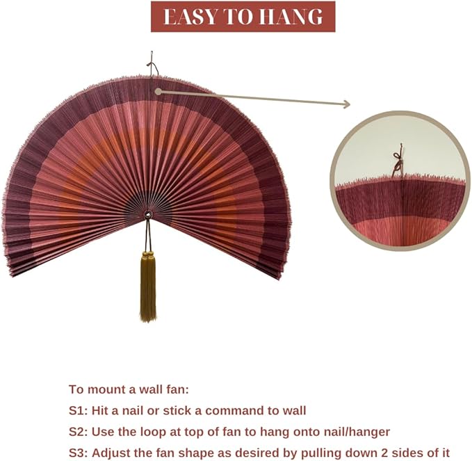 Fan Wall Decor,Japanese Chinese Walls Fan Décor, Boho Hanging Headboard,Decorative Folding Fans For Over Bed Decorations (Redpink 48inch)