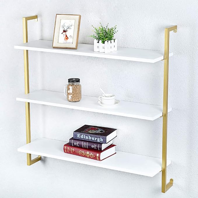 Industrial Metal Wall Shelf,Floating Wood Shelves Wall Mounted,36in Iron Real Wood Book Shelves,3 Tier Bookshelf Shelving
