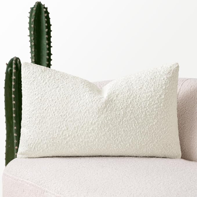 MIULEE Textured Boucle Throw Pillow Cover White Accent Solid Lumbar Pillow Case Decorative Soft Pack of 1 Couch Cushion Chair Sofa Bedroom Livingroom Home Decor,12x20 Inch
