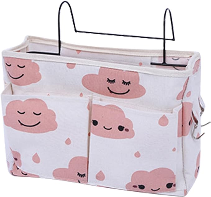 Bedside Caddy Hanging Organizer,Canvas Bag Pockets Basket Multifunction Bedside Organizer for Bunk College Dorm Bed Rails with Magazine Books Phone Cable Tablet Water Bottle,Pink Clouds