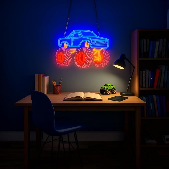 Monster Truck Neon Sign for Boys Room, Playroom Wall Decor, Trendy Teen Room Decorations, Party and Birthday Gift Idea, Night Light with USB Powered Dimmable Switch, 15 x 10.5 in