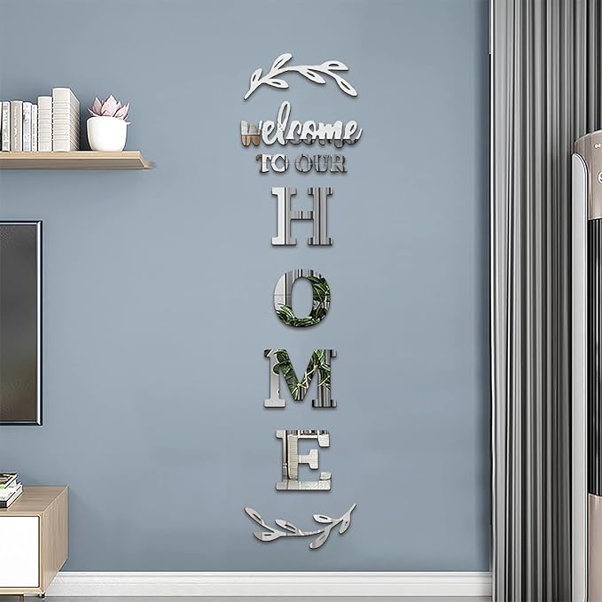 Home Wall Decor Welcome to Our Home Letter Signs - Acrylic Mirror Stickers for Living Room Bedroom Decor - Wall Decorations