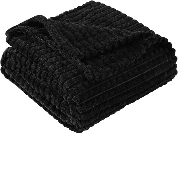 Puncuntex Flannel Fleece Throw Blanket Black 60"×80",Super Soft Plush Cozy Blanket with Square Grid Design Luxury for Couch Sofa Chair