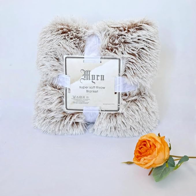Plush Super Soft Blanket Bedding Sofa Cover Furry Fuzzy Fur Warm Throw Qulit Cozy Couch Blanket for Winter (51"x63",Brown and White)