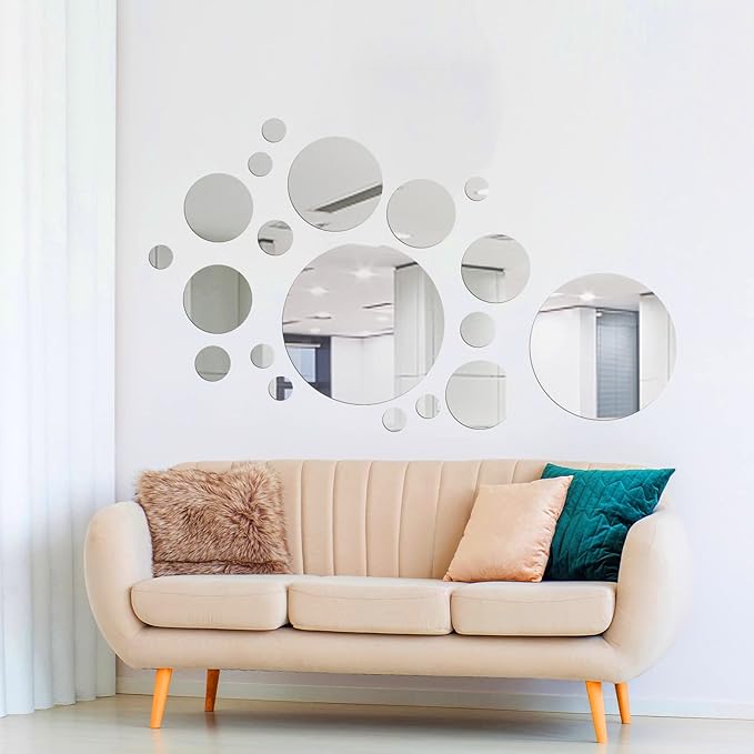 Shappy 32 Pcs Acrylic Mirror Wall Stickers Removable Round Wall Decal Circle Mirror Tiles for Home Bathroom Living Room Bedroom TV Background Decor(Silver,Large Size)