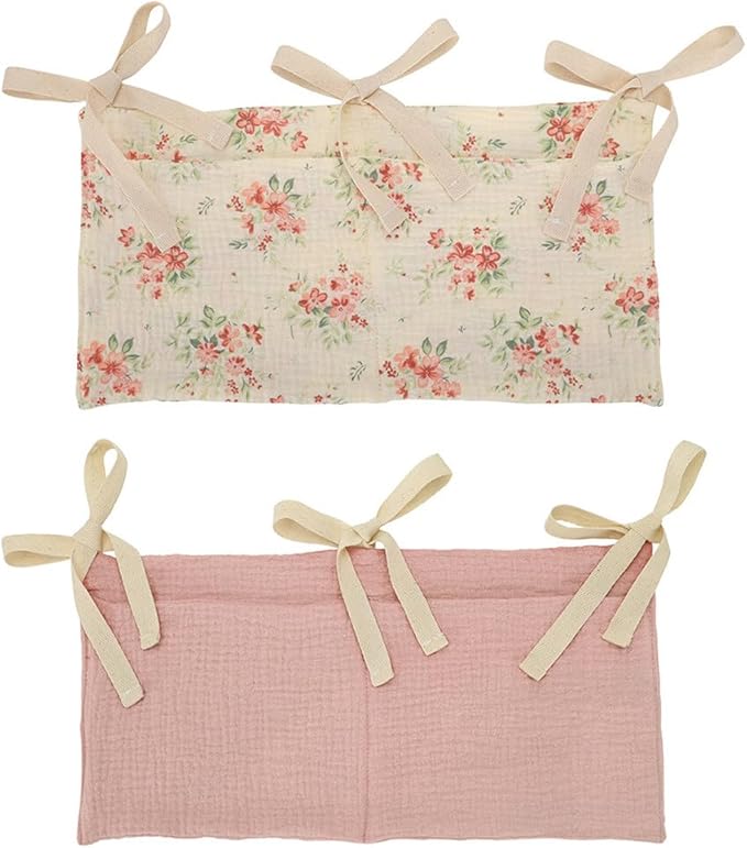 Linen Baby Bedside Hanging Storage Bag, 2 Pockets Organizer for Baby Cribs Diapers, Toys, Clothing, Milk Bottle