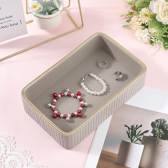 Beebeecraft PU Leather Valet Tray Small 9.6x6x2 Inch Rectangle Desktop Storage Box Bedside Nightstand Vanity Without Lid for Cosmetic Jewelry Watch Keys Phone Wallet Remote Controller Pen (Dark Gray)