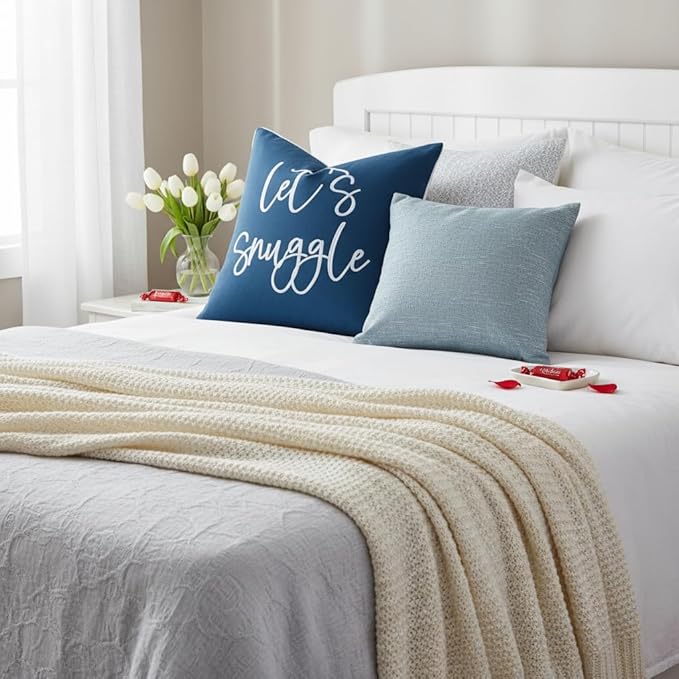 Sunkifover Let's Snuggle DecorativeThrow Pillow Cover - 18" x 18" Blue and White Cotton Embroidery Square Throw Pillowcase for Bed, Bedroom, Living Room, Home Decor