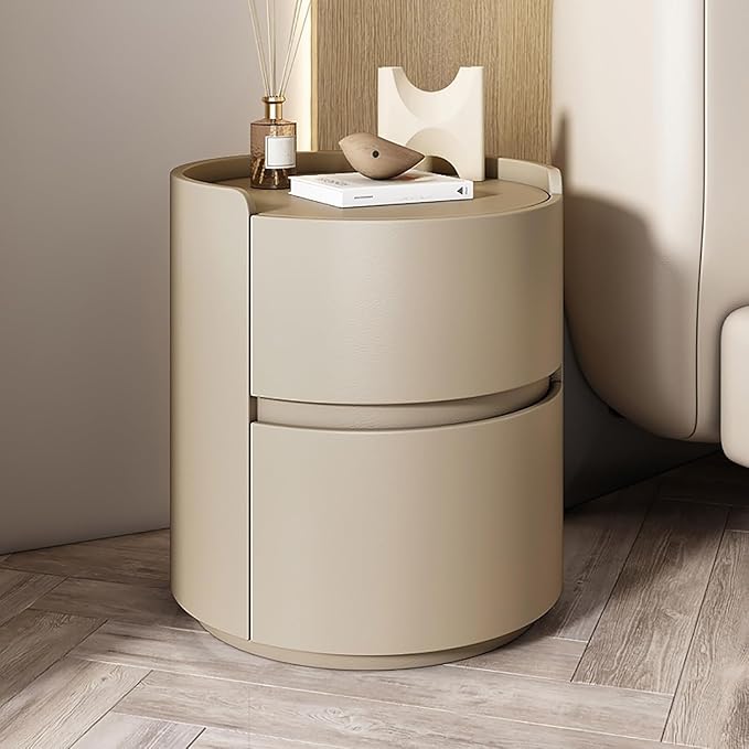 Round Nightstand,Bedside Table with 2 Solid Wood Storage Drawers,Modern Minimalist Bedroom Side Table,Leather Night Stands for Bedroom/Living Room,No Installation Required,End Table