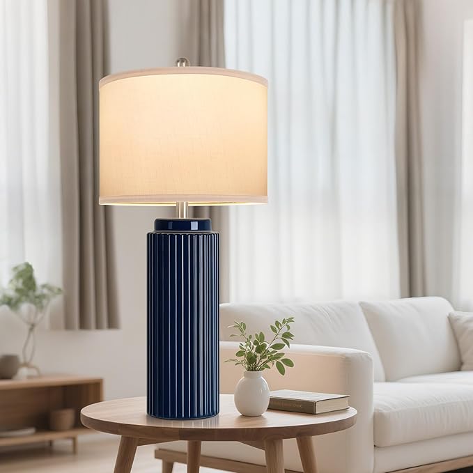 28’’ Modern Ceramic Table Lamps for Living Room Set of 2, Tall Farmhouse Bedside Lamps with Linen Shade, Dark Blue Rustic Nightstand Lamps for Bedroom, Vintage End Table Lamps for Office Hallway