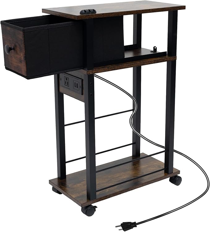 Sofa Side Table Narrow End Table (1PC) - Rustic Brown & Black Two-Tone, Side Table with Charging Station (1 AC + 2 USB) & Storage Drawer, 4 Wheels Mobile Nightstand for Bedroom Living Room