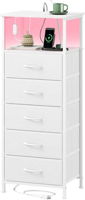 Somdot White Nightstand with Charging Station and LED Light for Bedroom, Tall 5 Drawers Dresser with Fabric Bins for Bedside Kids Dorm Room Closet Laundry Entryway, White Leather