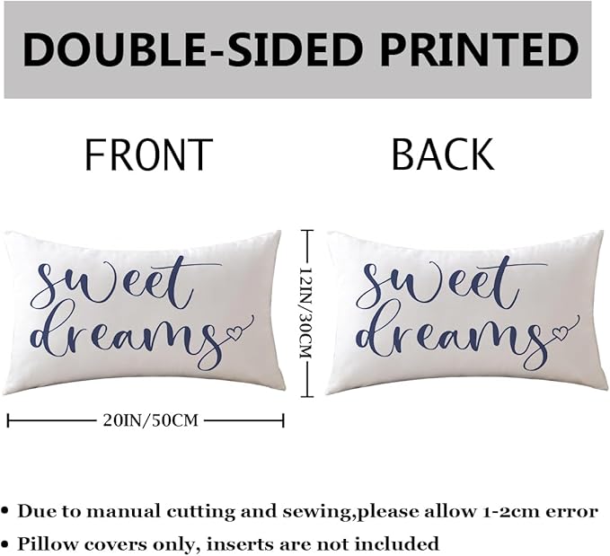 Bedding Decorative Lumbar Pillowcases Sweet Dreams Good Night Cushion Covers Sleep Themed Decorative Throw Pillow Covers 12''x20'',2Pack Super Soft for Bedroom Guest Room Housewarming Gifts (Blue)