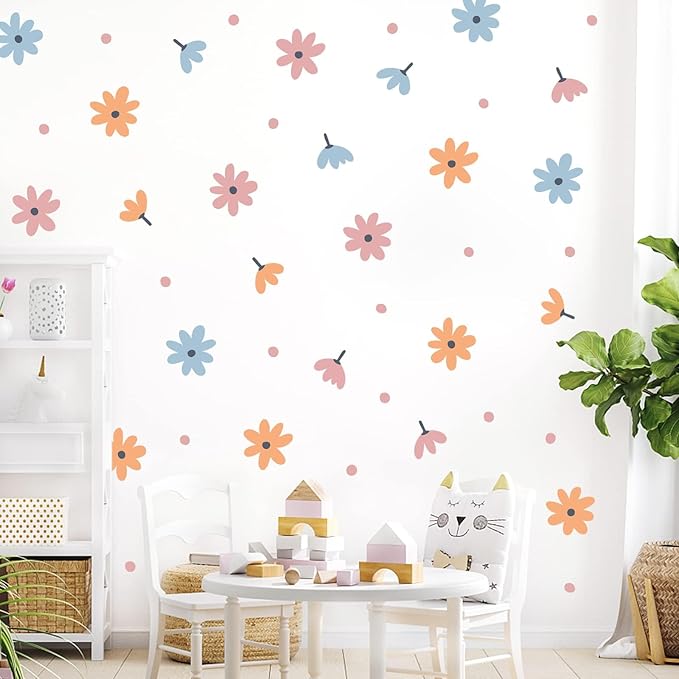 Daisy Wall Decals,Flower and Dots Retro Decor for Bedroom, Nursery, Kids’ Room(2)
