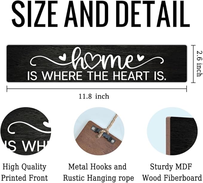 AGMDESIGN Home Is Where the Heart Is Wood Sign, Rustic Family Reunion Decor, Wall Decor for Shelf Desk Door, Heartwarming Farmhouse Bedroom Hanging Wood Plaque, New Home Gifts for Friend Coworker BFF