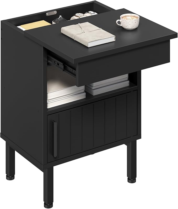 Nightstand with Gun Drawer, Bedside Table with Hidden Compartment, End Table with Storage Cabinet, Night Stand for Bedroom, Office, Black ET22BB