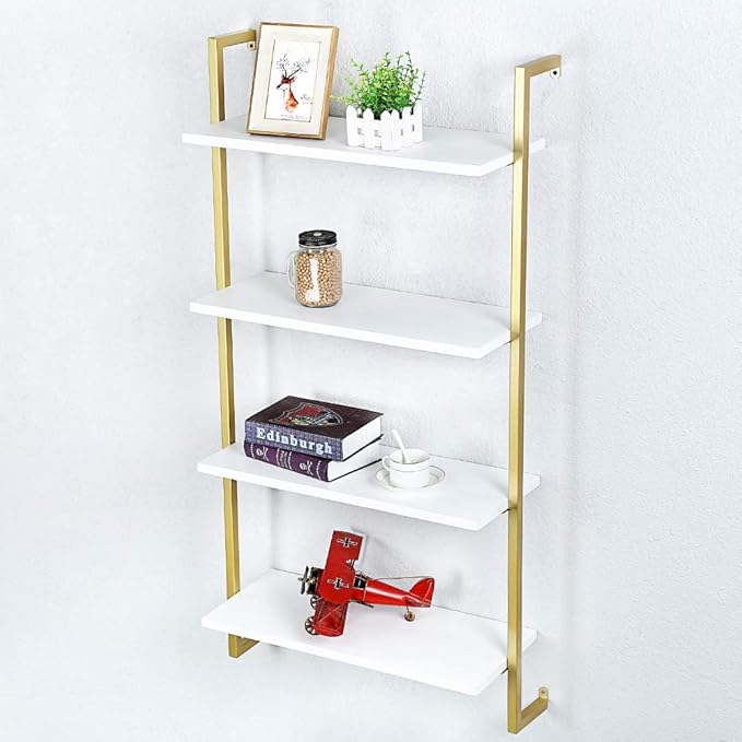 Industrial Metal Wall Shelf,Floating Wood Shelves Wall Mounted,24in Iron Real Wood Book Shelves,4 Tier Bookshelf Shelving